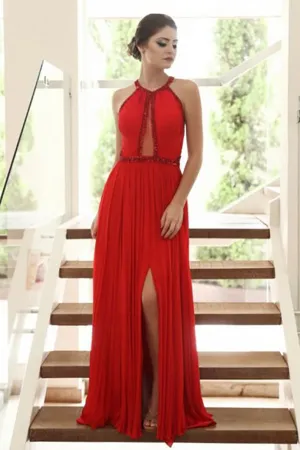 A-Line Crew Sweep Train Red Chiffon Split Sleeveless Prom Dress with Beading LRA201