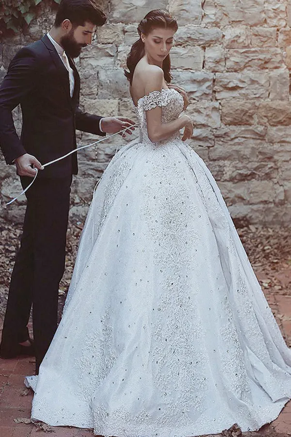 Ball Gown Off-the-Shoulder Court Train Ivory Satin Wedding Dress with Appliques AHC580