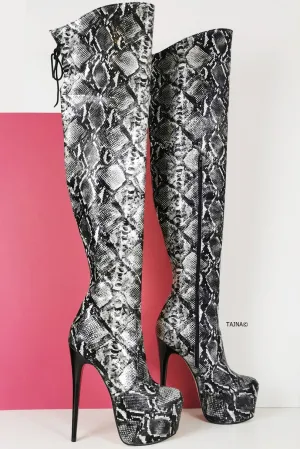 Black White Snake Knee High Boots