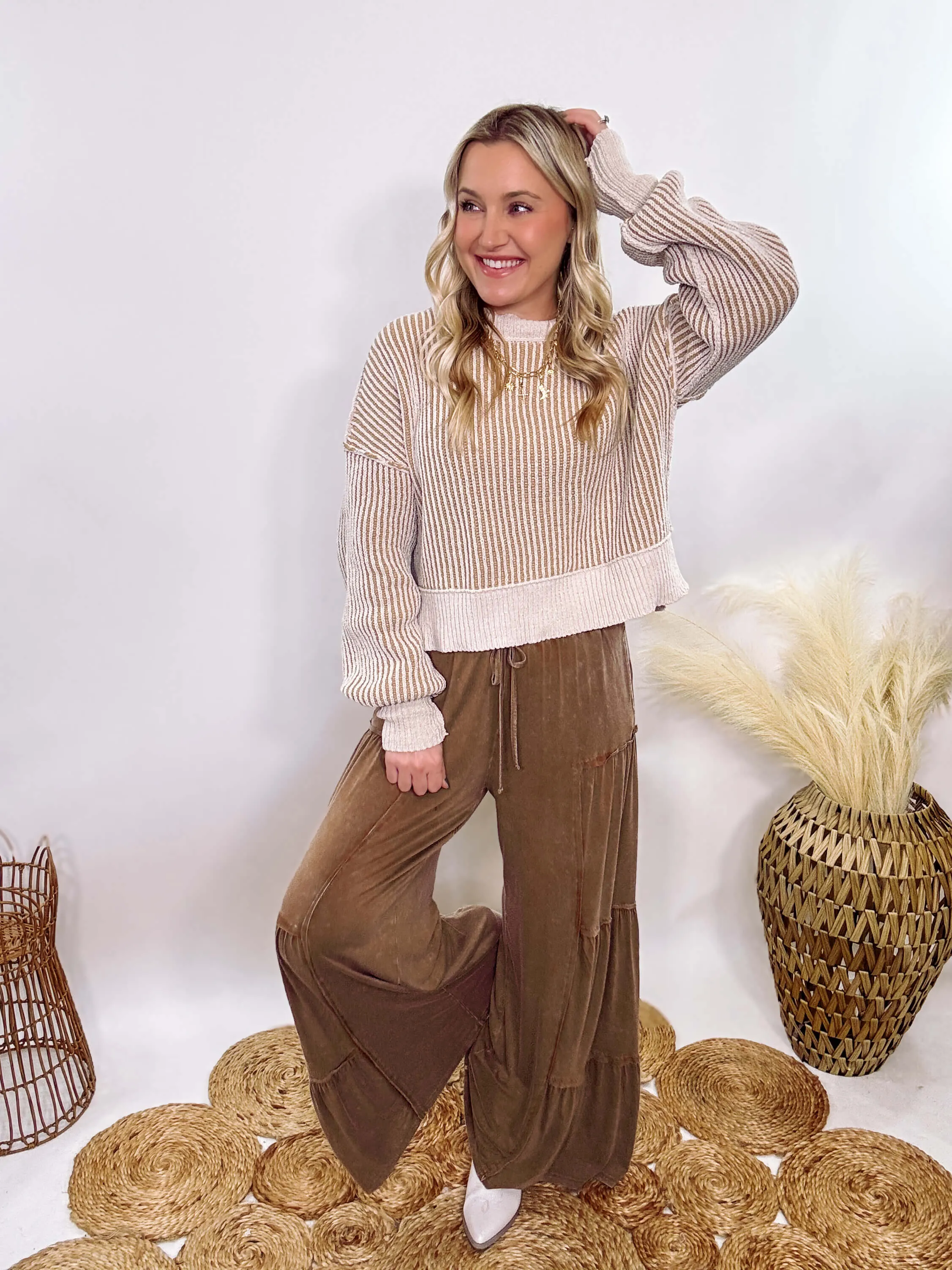 Brown Acid Washed Tiered Flared Wide Leg Boho Pants