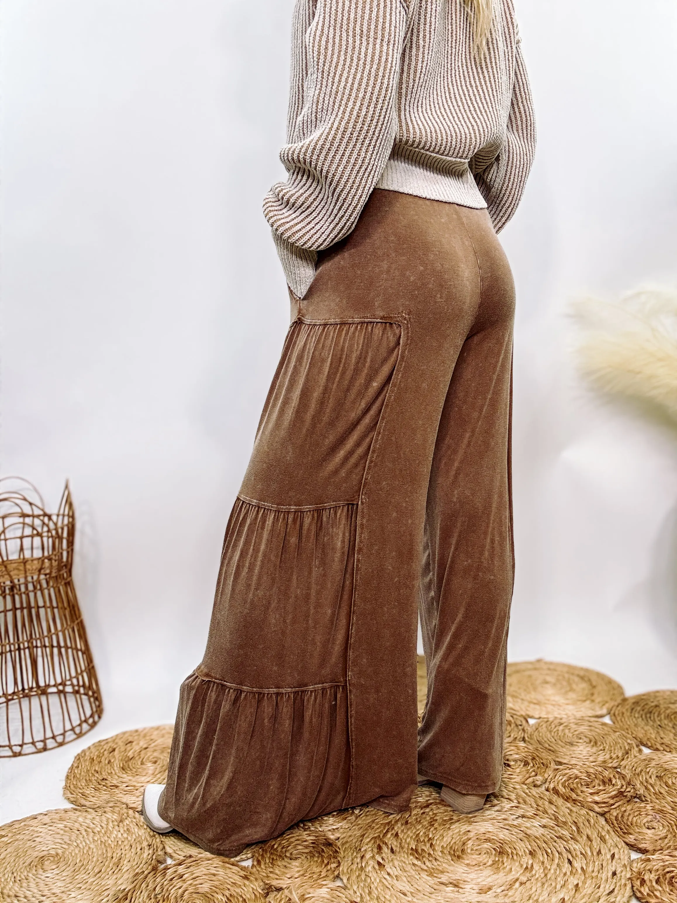 Brown Acid Washed Tiered Flared Wide Leg Boho Pants
