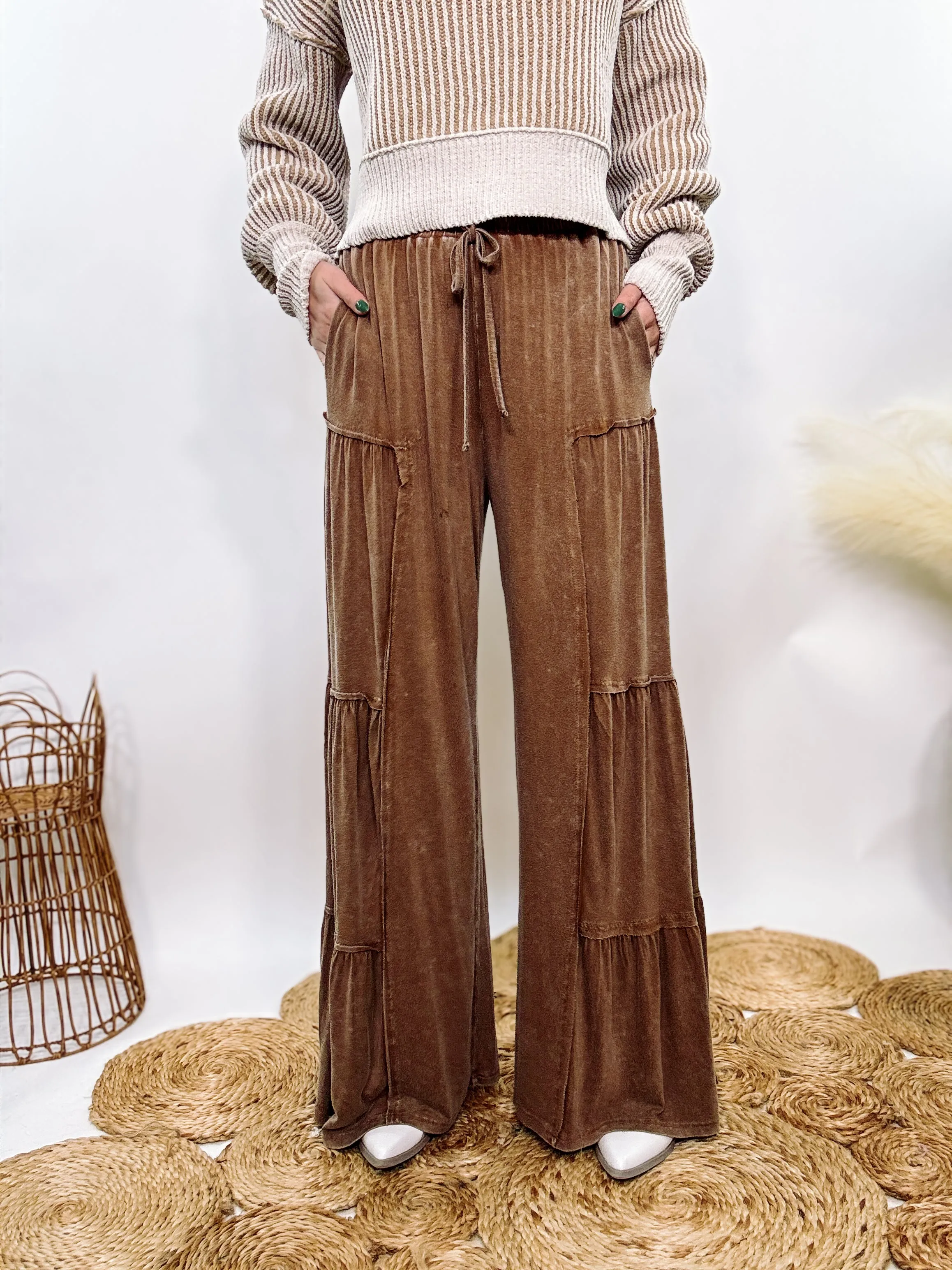 Brown Acid Washed Tiered Flared Wide Leg Boho Pants