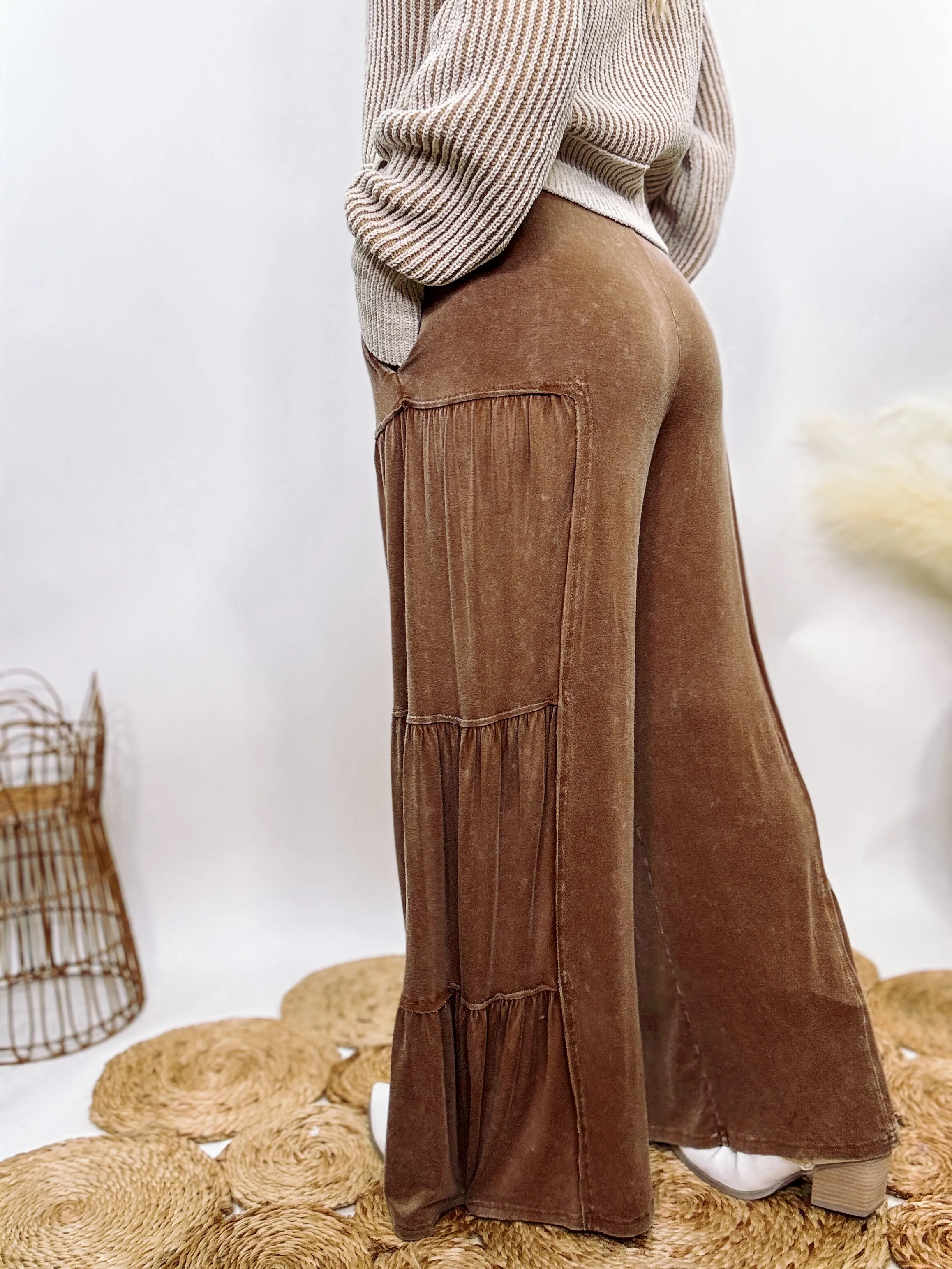 Brown Acid Washed Tiered Flared Wide Leg Boho Pants