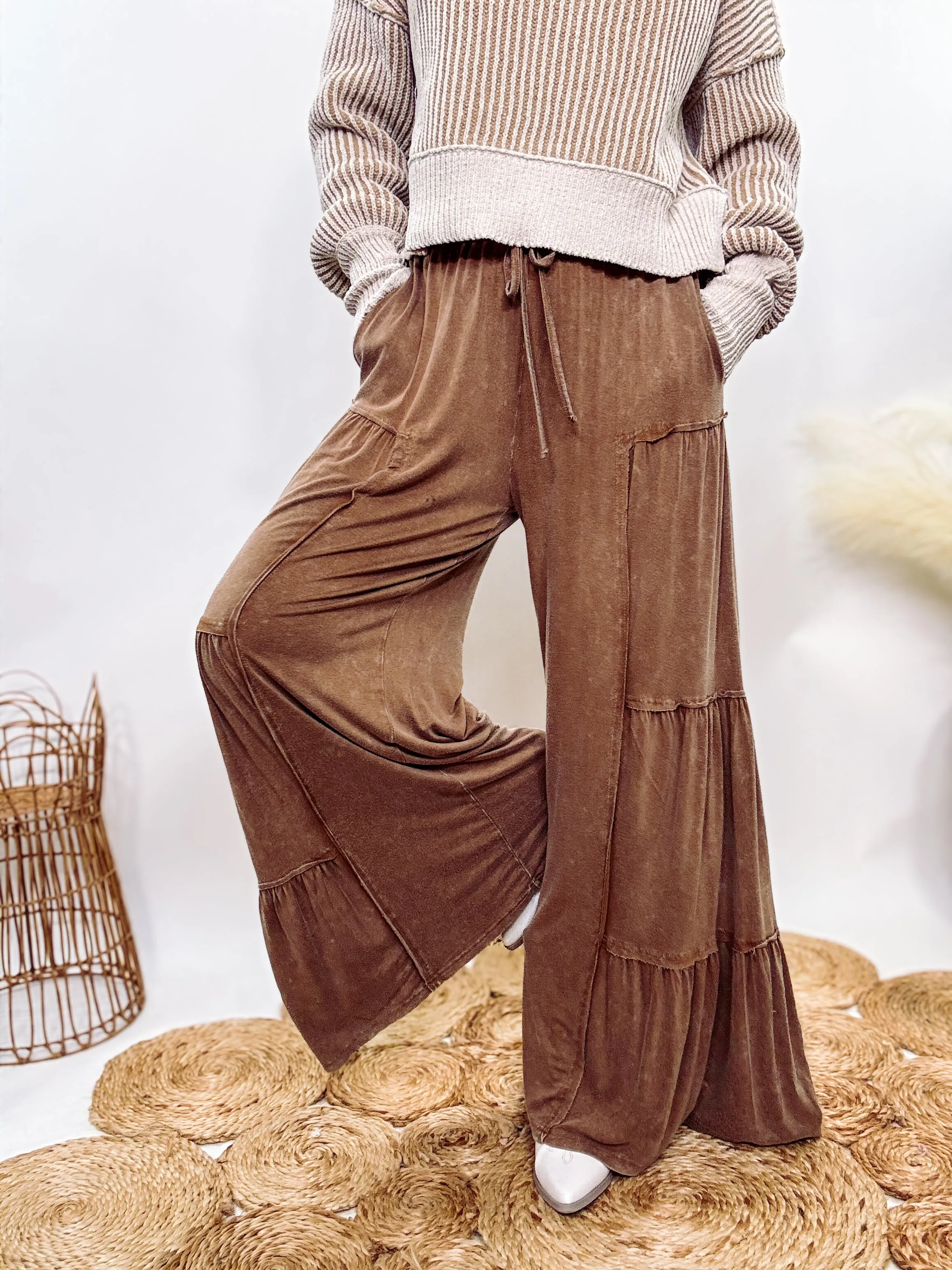 Brown Acid Washed Tiered Flared Wide Leg Boho Pants