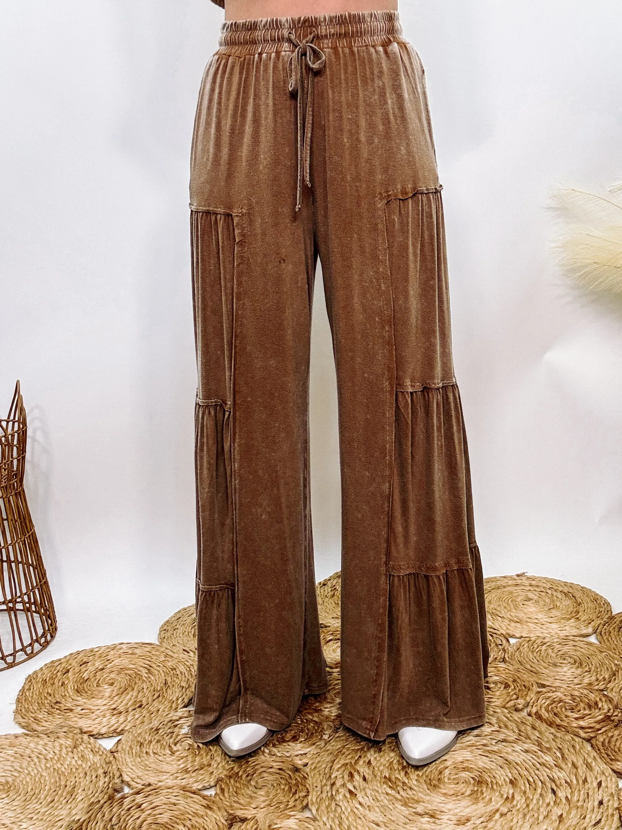 Brown Acid Washed Tiered Flared Wide Leg Boho Pants