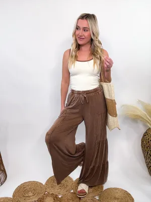 Brown Acid Washed Tiered Flared Wide Leg Boho Pants