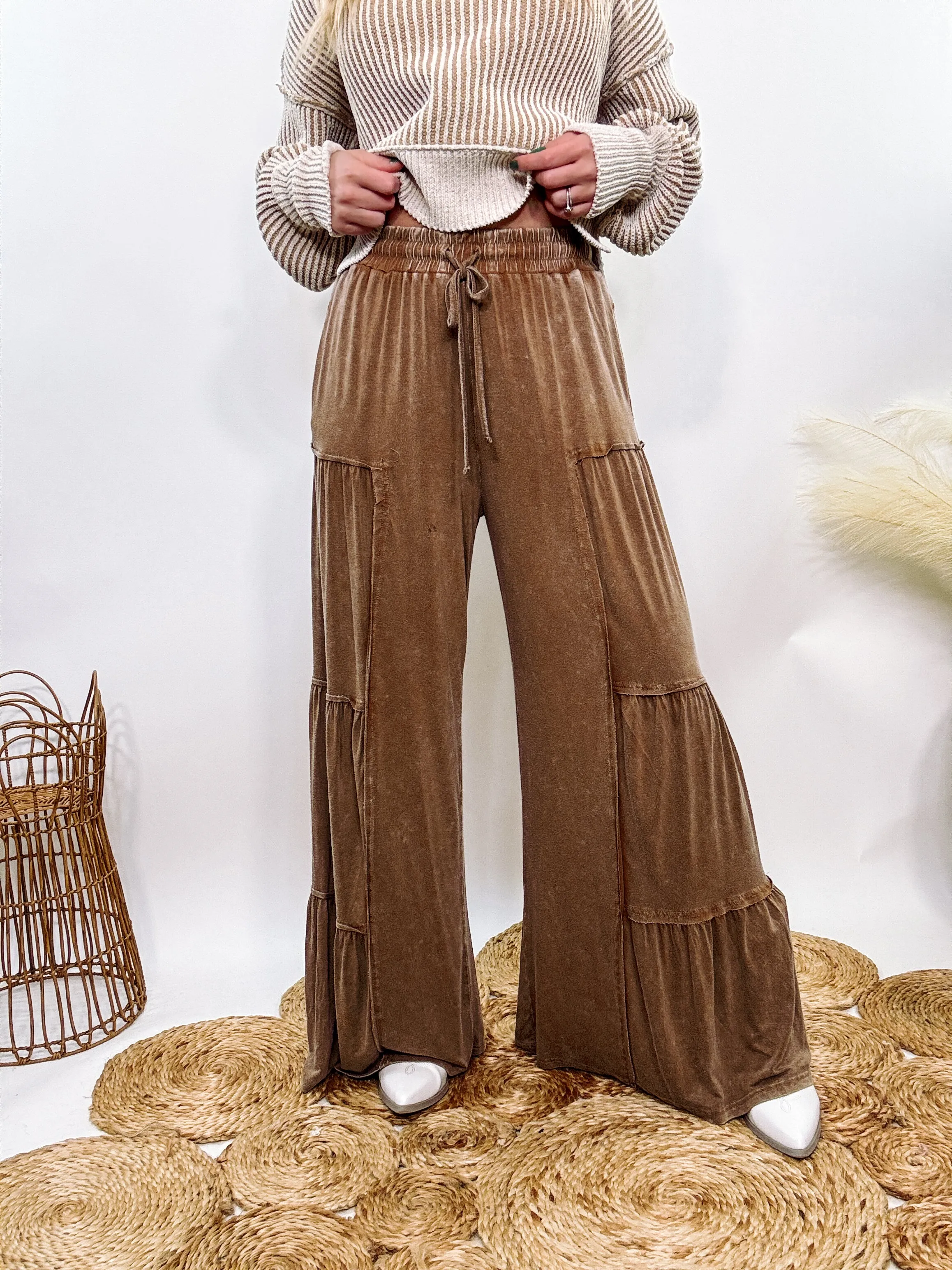 Brown Acid Washed Tiered Flared Wide Leg Boho Pants