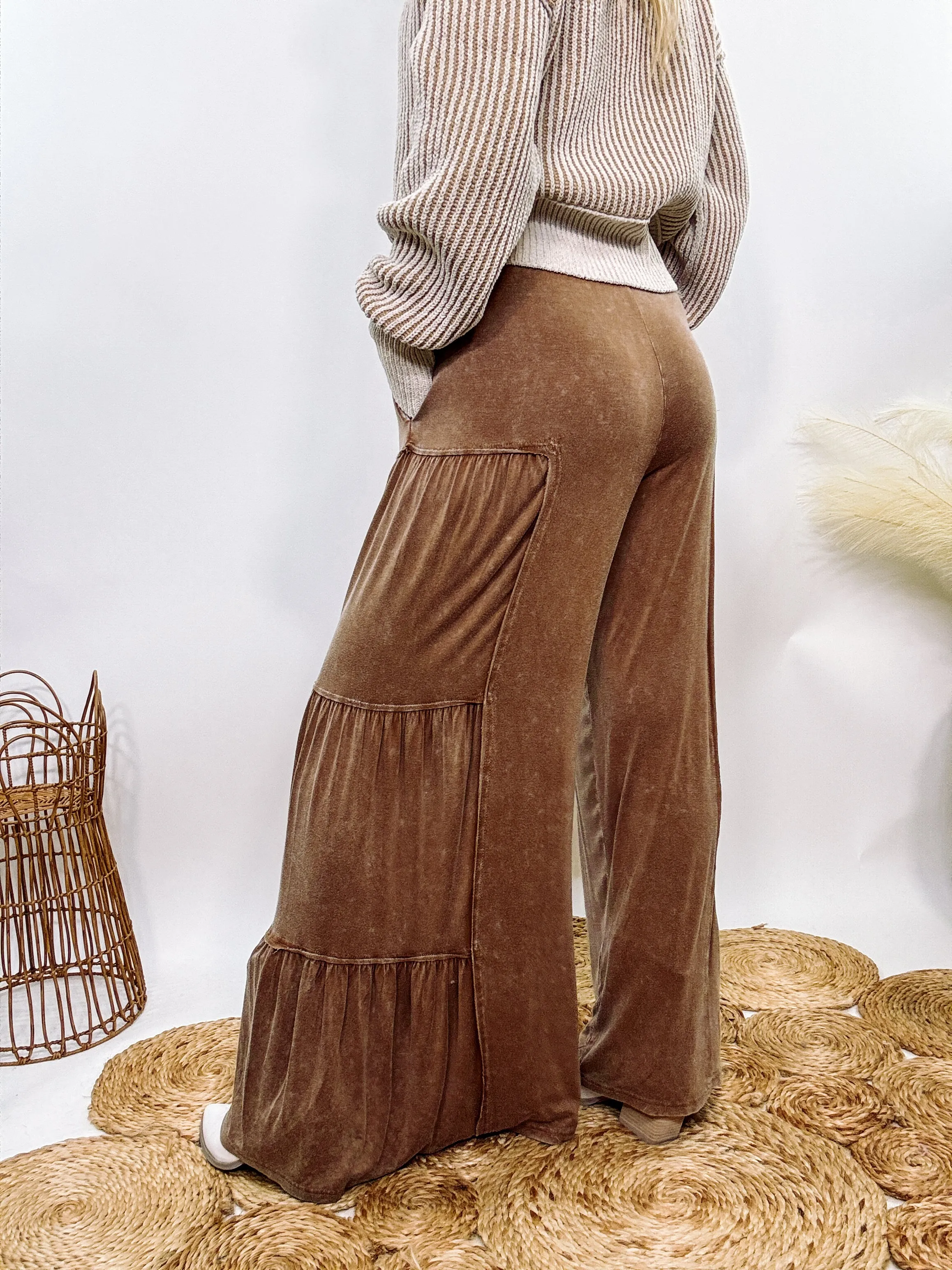 Brown Acid Washed Tiered Flared Wide Leg Boho Pants