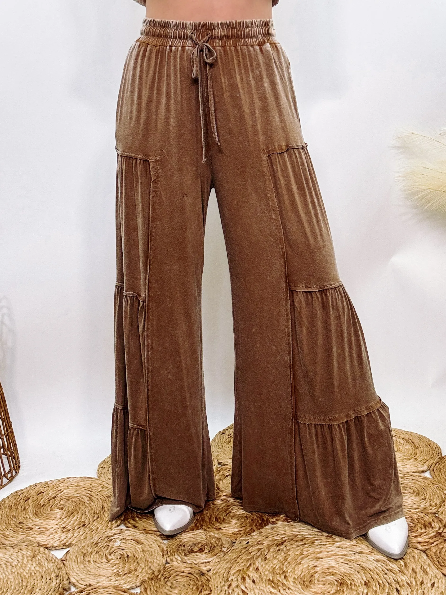 Brown Acid Washed Tiered Flared Wide Leg Boho Pants