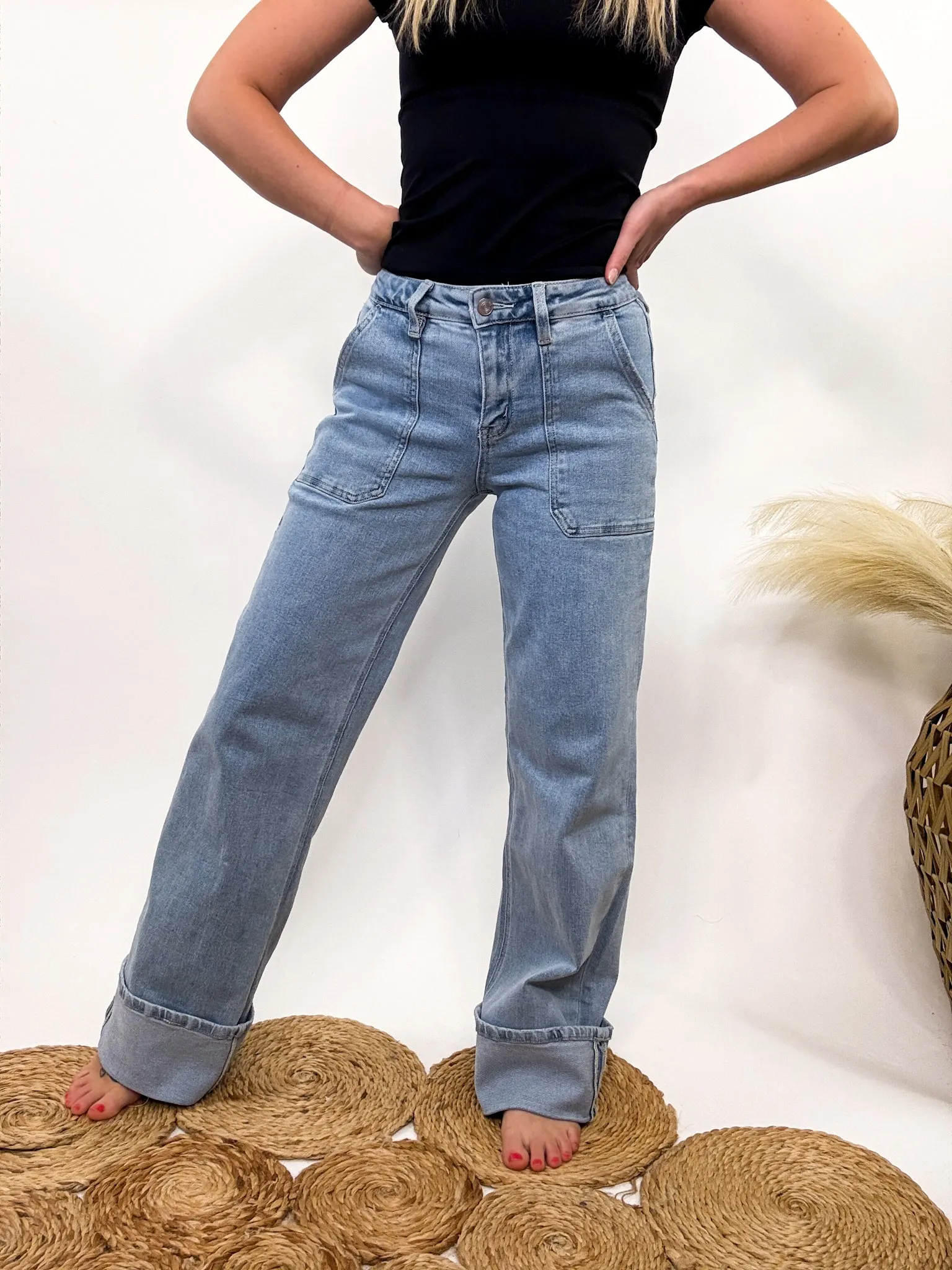 Carpenter Cuffed Wide Leg Comfort Stretch Jeans by Vervet Flying Monkey