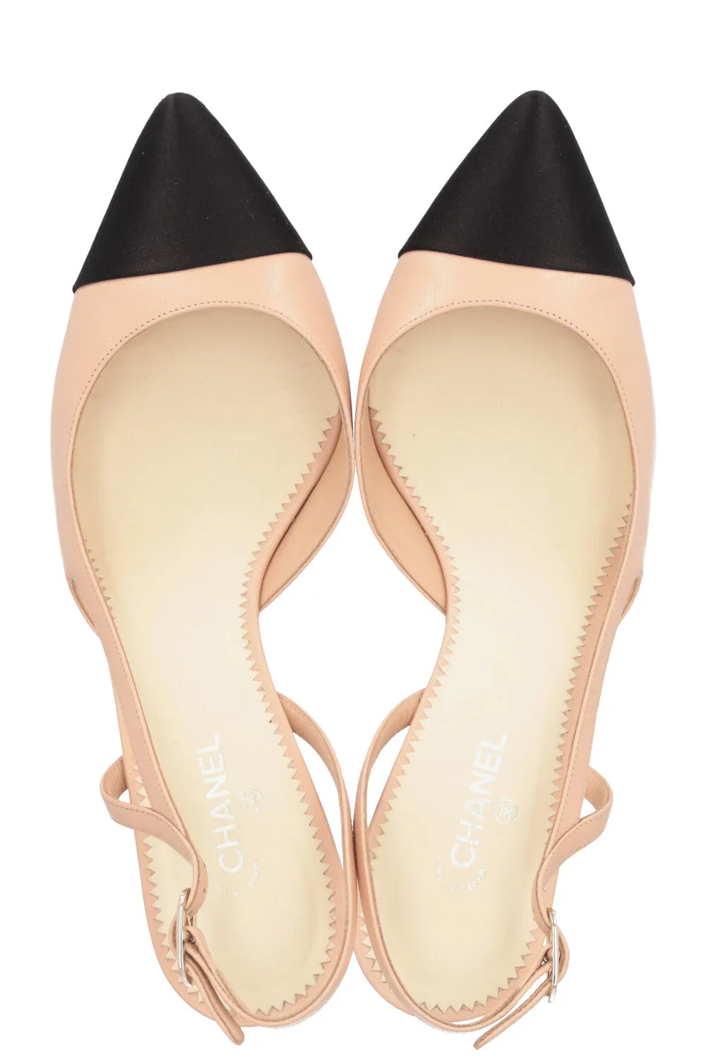 CHANEL Slingback Heels Beige Black Pearls