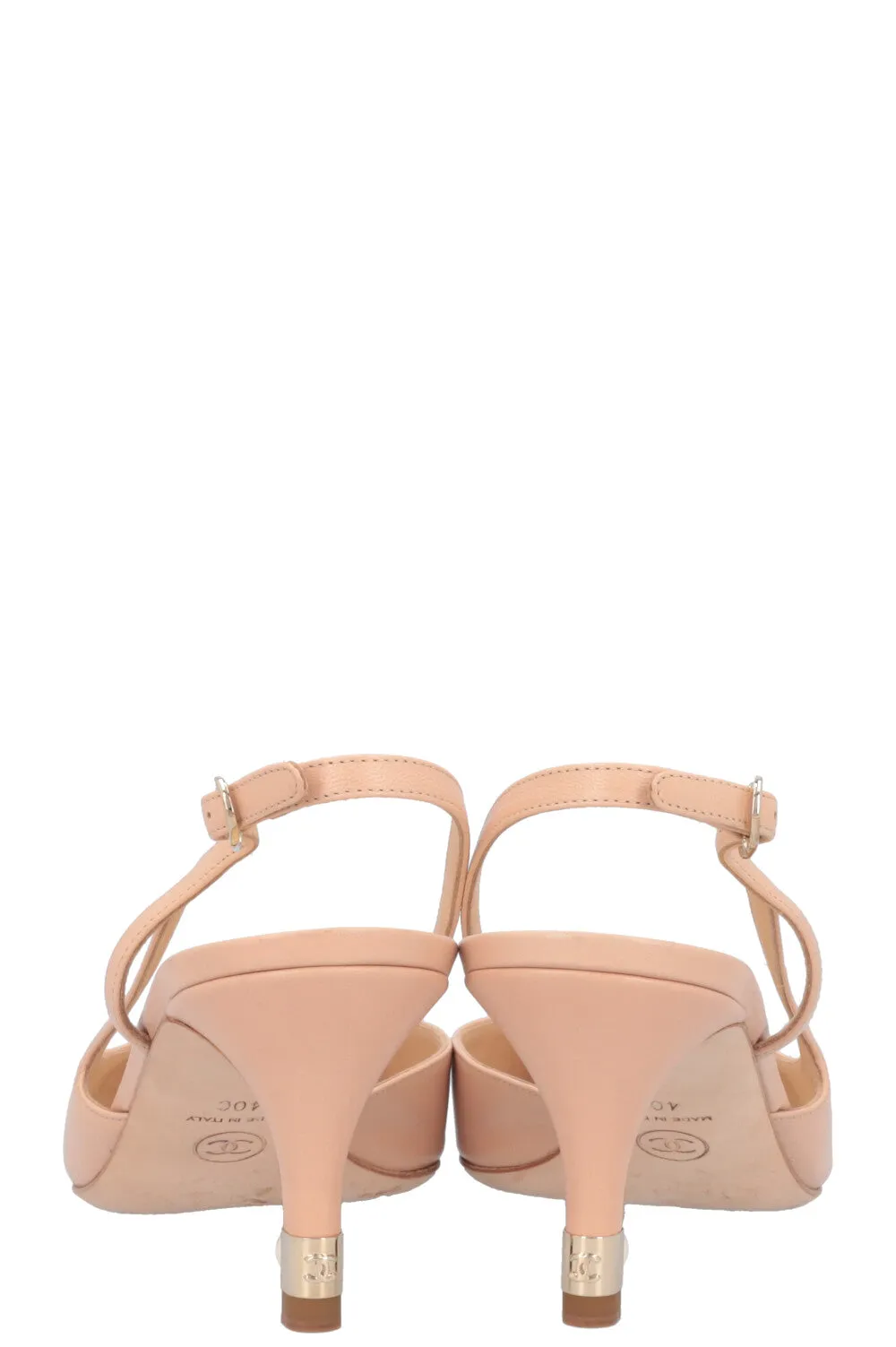 CHANEL Slingback Heels Beige Black Pearls