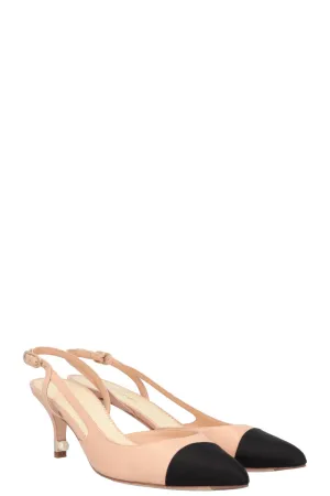CHANEL Slingback Heels Beige Black Pearls