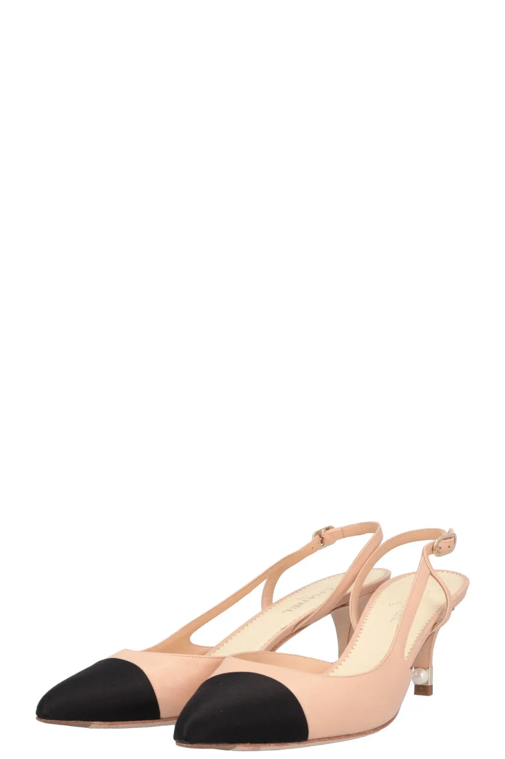CHANEL Slingback Heels Beige Black Pearls