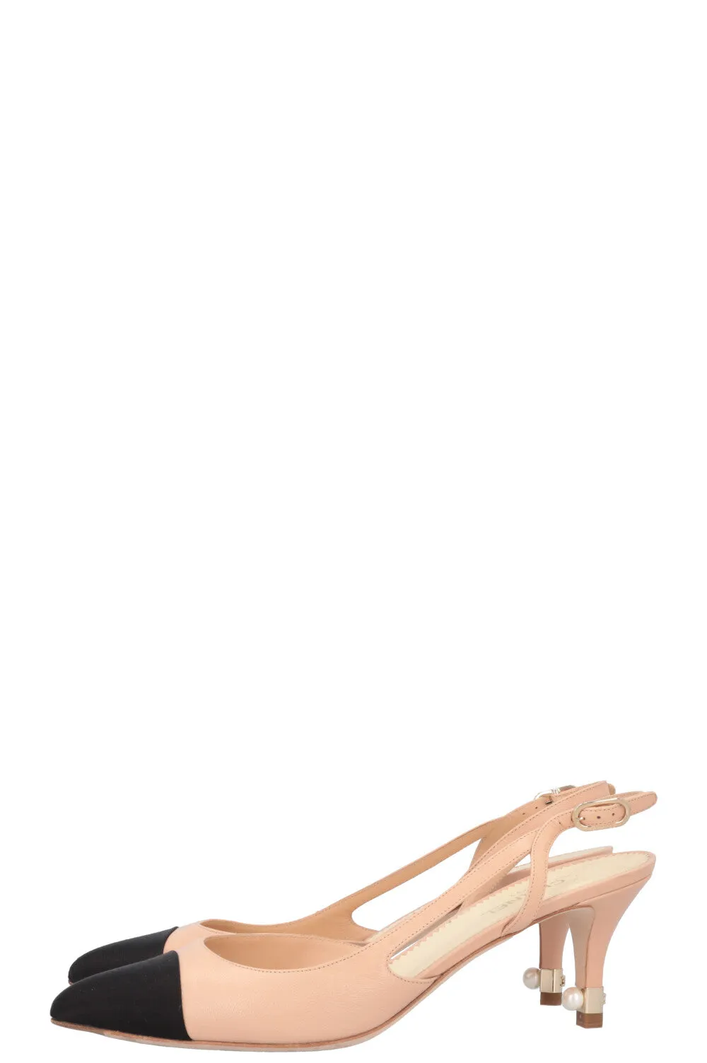 CHANEL Slingback Heels Beige Black Pearls