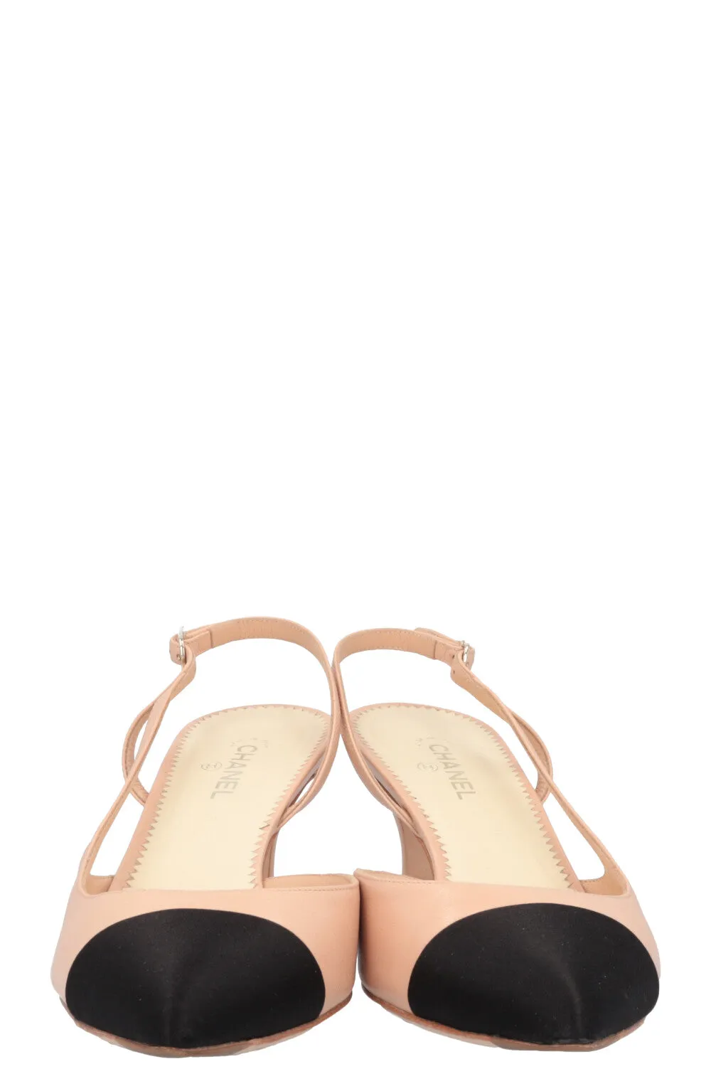 CHANEL Slingback Heels Beige Black Pearls