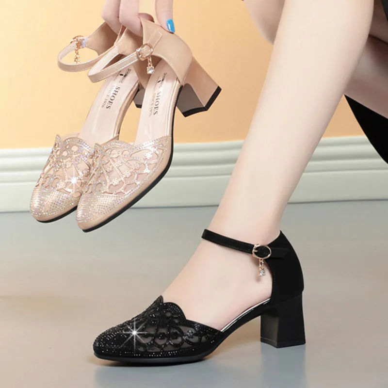 Elegant rhinestone block heels pumps with ankle strap