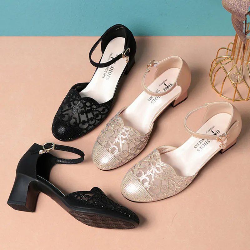 Elegant rhinestone block heels pumps with ankle strap