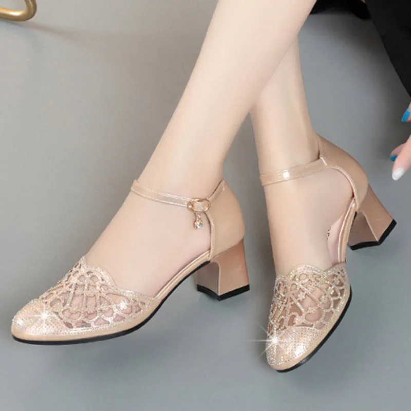 Elegant rhinestone block heels pumps with ankle strap