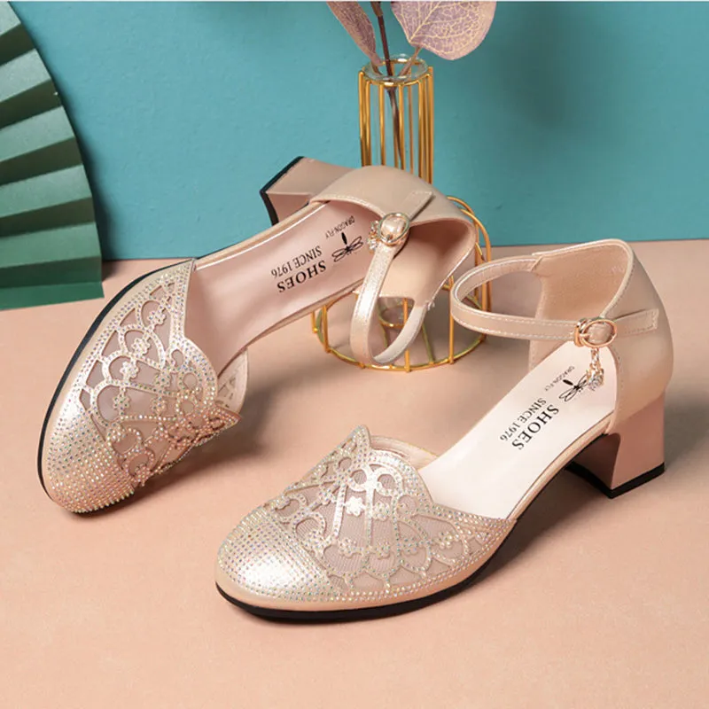 Elegant rhinestone block heels pumps with ankle strap