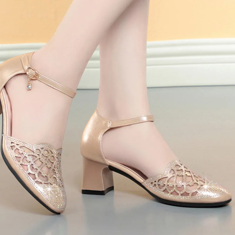Elegant rhinestone block heels pumps with ankle strap