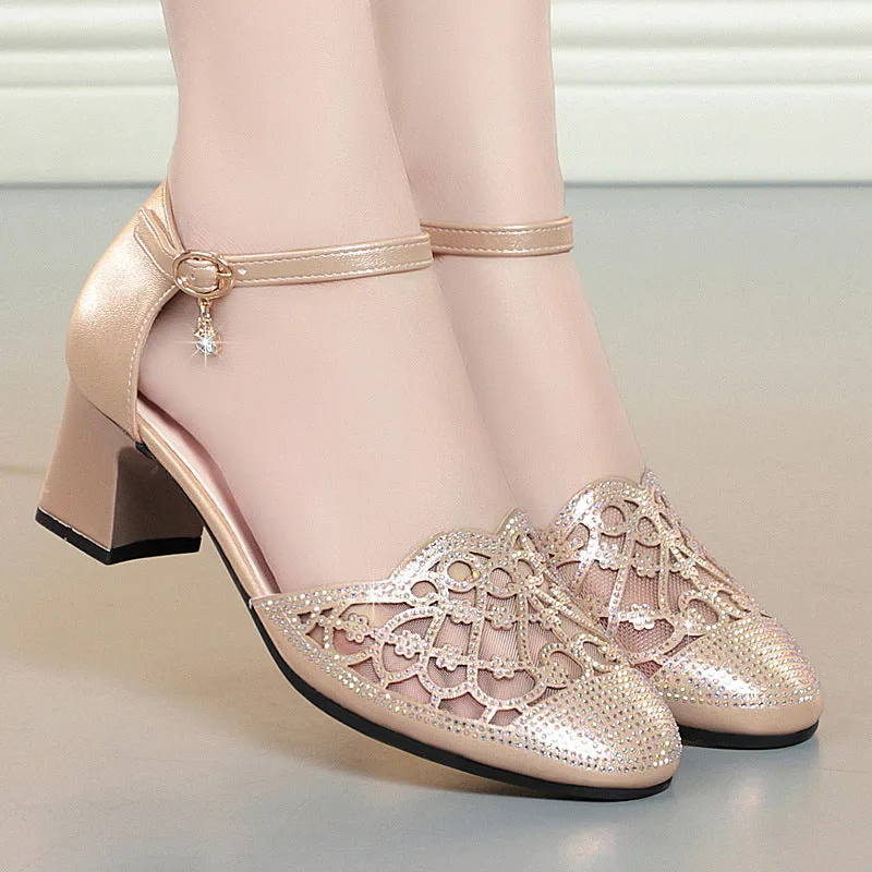 Elegant rhinestone block heels pumps with ankle strap