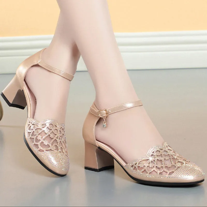 Elegant rhinestone block heels pumps with ankle strap