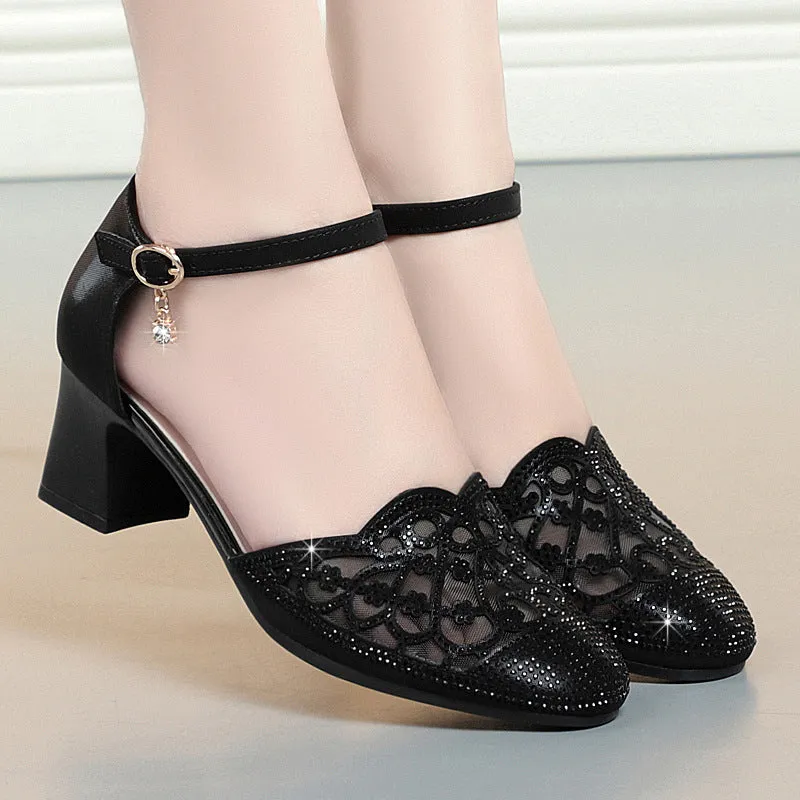 Elegant rhinestone block heels pumps with ankle strap