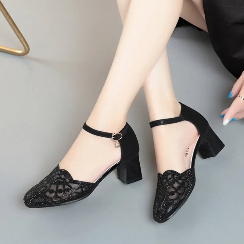 Elegant rhinestone block heels pumps with ankle strap
