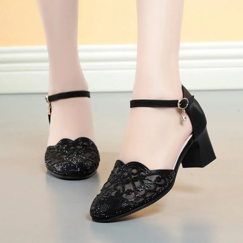 Elegant rhinestone block heels pumps with ankle strap