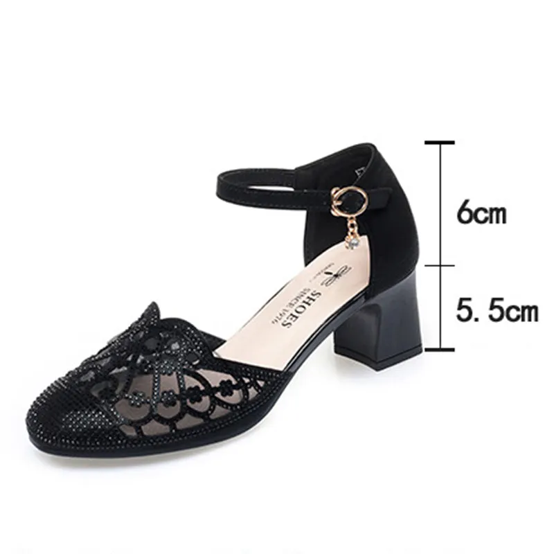 Elegant rhinestone block heels pumps with ankle strap