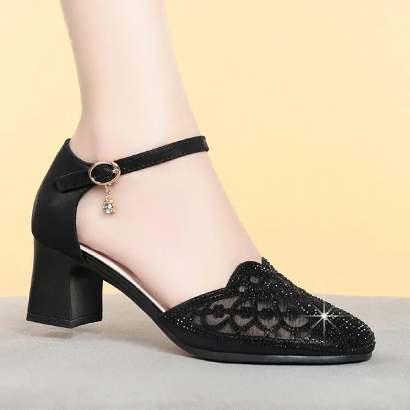 Elegant rhinestone block heels pumps with ankle strap