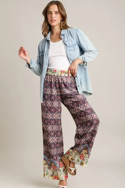 Full Size Mixed Print Elastic Waistband Pants Plus Size