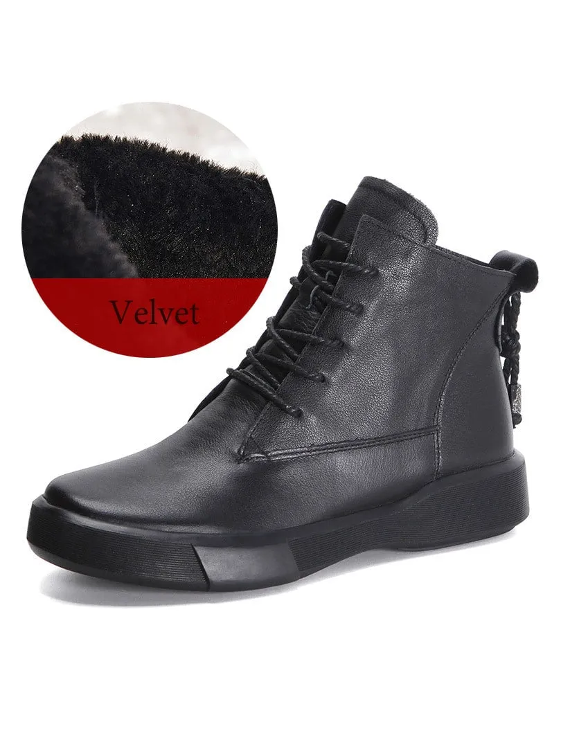 Lace Up Winter Leather Short Boots Black