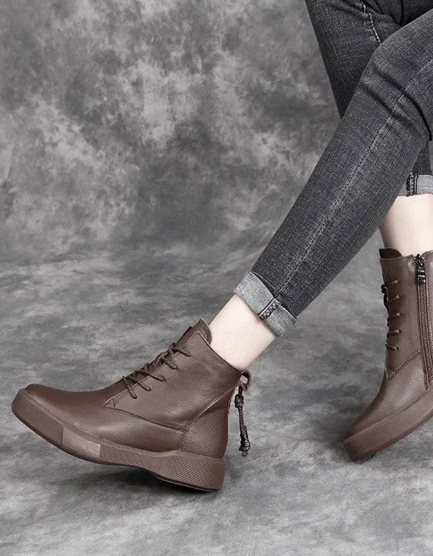 Lace Up Winter Leather Short Boots Black