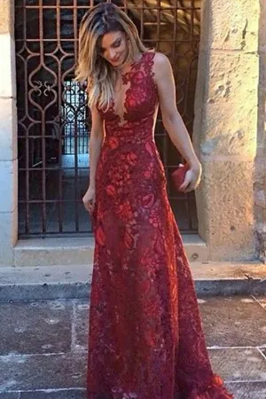 Mermaid Deep V-Neck Sweep Train Dark Red Lace Sleeveless Prom Dress LR449