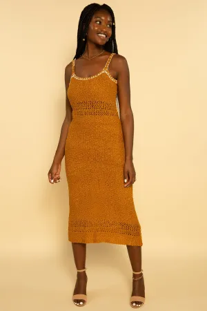 Mustard Yellow Crochet Knit Midi Dress