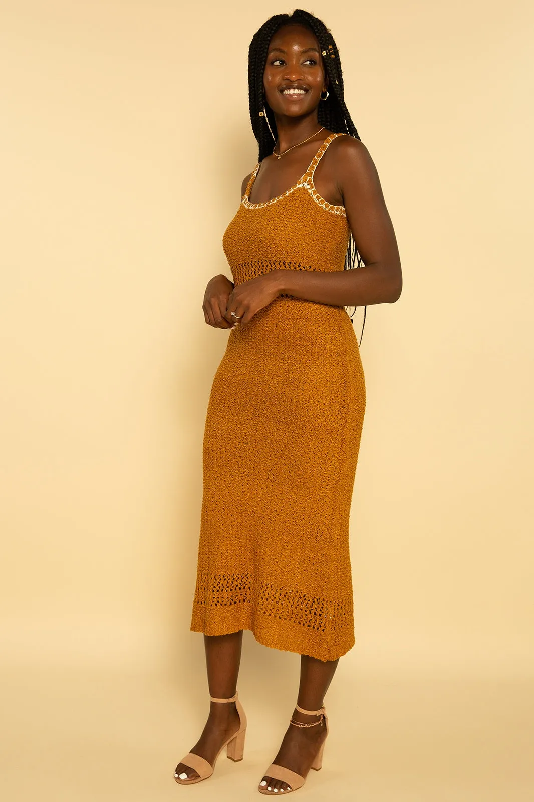 Mustard Yellow Crochet Knit Midi Dress