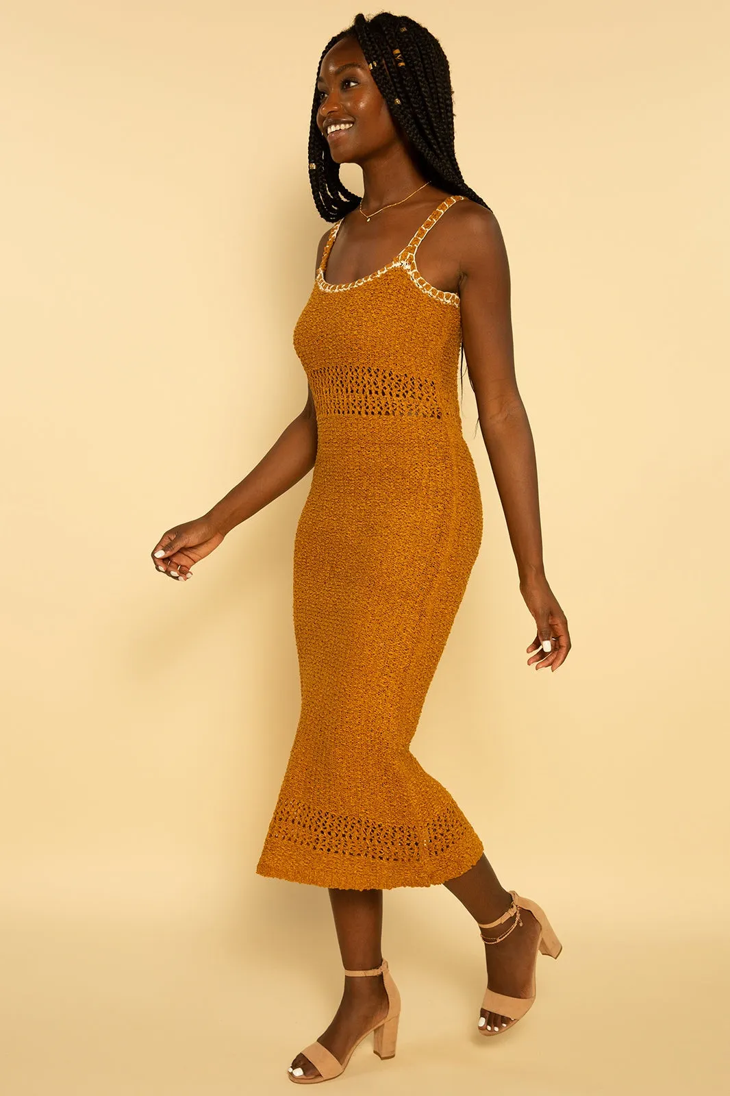 Mustard Yellow Crochet Knit Midi Dress