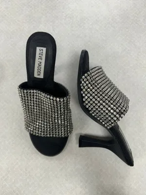 Sandals Heels Kitten By Steve Madden In Black & Silver, Size:6