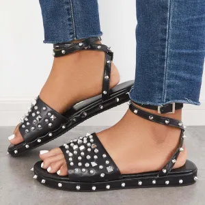 Sohiwoo Women Black Gothic Buckle Strap Flat Sandals Punk Strappy Studded Sandals