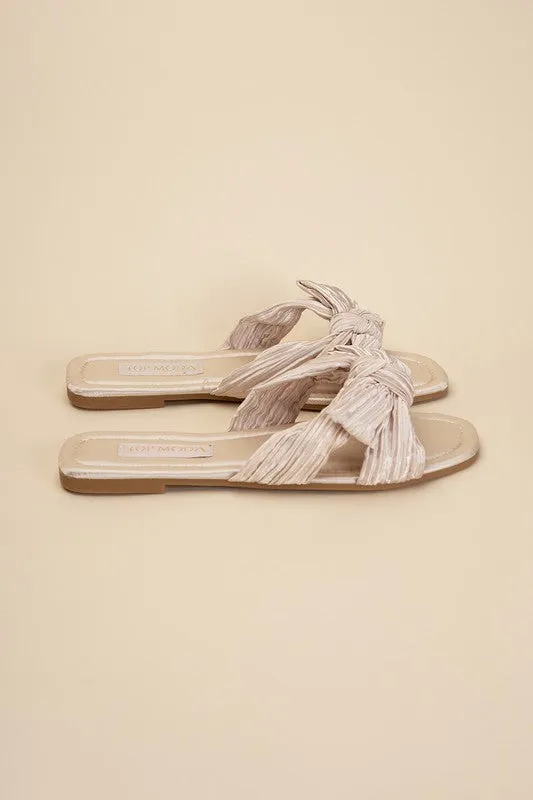 Très Chic Bow Decor Crinkle Satin Flat Sandals