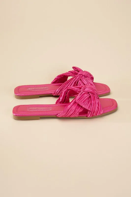 Très Chic Bow Decor Crinkle Satin Flat Sandals