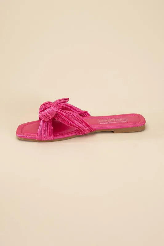 Très Chic Bow Decor Crinkle Satin Flat Sandals