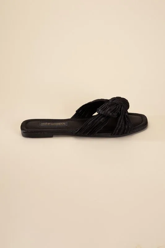 Très Chic Bow Decor Crinkle Satin Flat Sandals