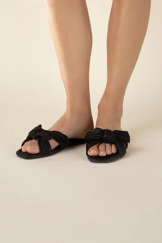 Très Chic Bow Decor Crinkle Satin Flat Sandals