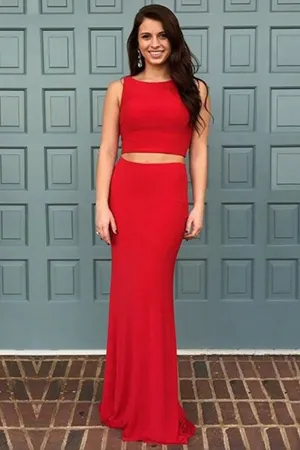 Two Piece Bateau Sweep Train Red Stretch Satin Sleeveless Prom Dress LR61