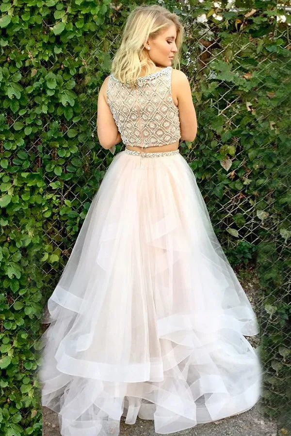 Two Piece Bateau Sweep Train White Tulle Sleeveless Prom Dress with Beading LR167