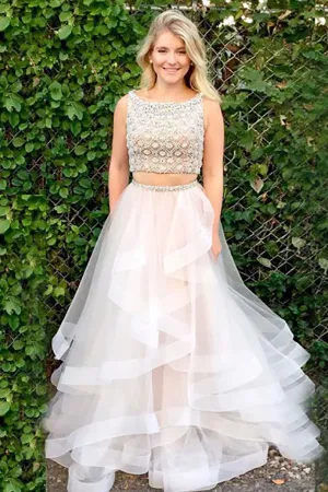 Two Piece Bateau Sweep Train White Tulle Sleeveless Prom Dress with Beading LR167