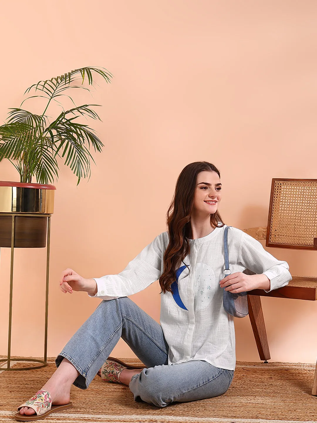 White Tie-Dye Crepe Loose Fit Shirt